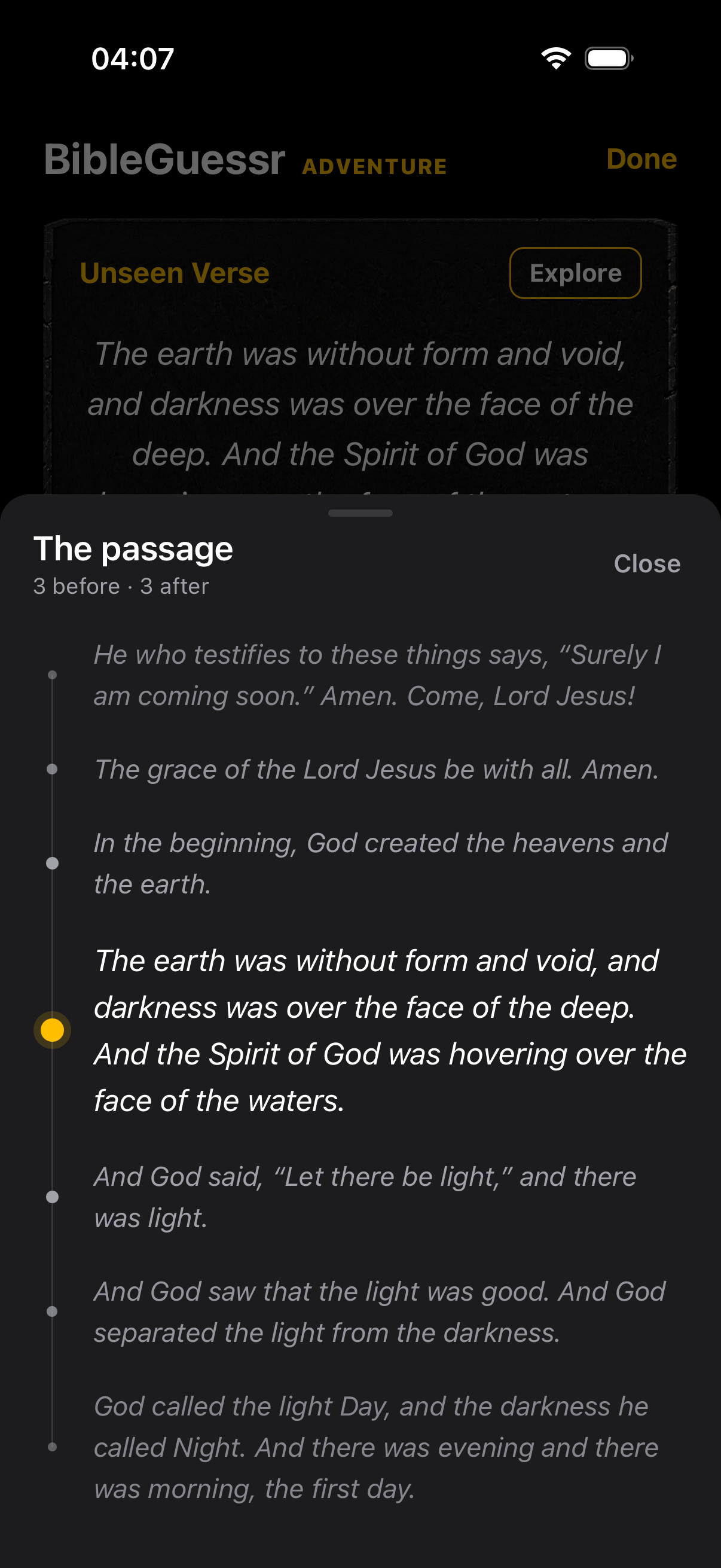 Adventure mode with nearby verse context