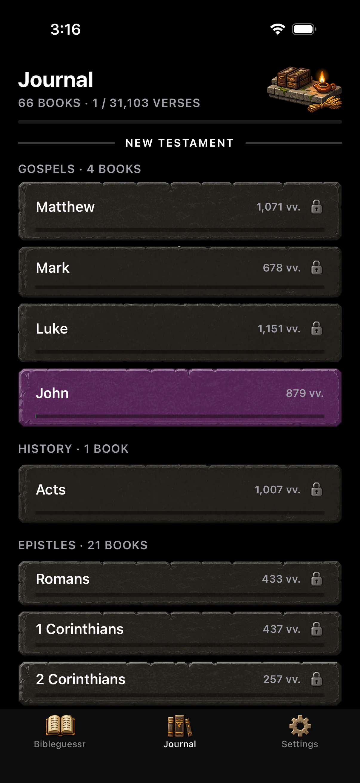 Journal showing Bible exploration by book and genre